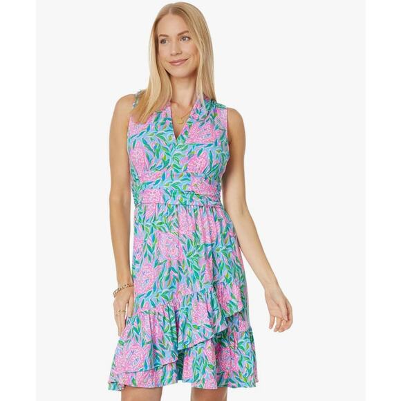 LILLY PULITZER Dress Annalise V-Neck Frenchy Blue Turtley In Love Size L NWOT - Picture 1 of 11